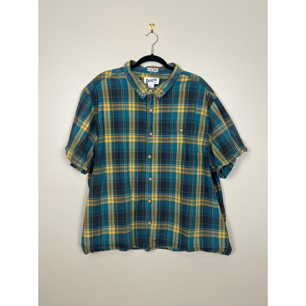 Duluth Trading Co Untucked Plaid Shirt Mens 3XL Relaxed Fit Teal Yellow 3237-112
